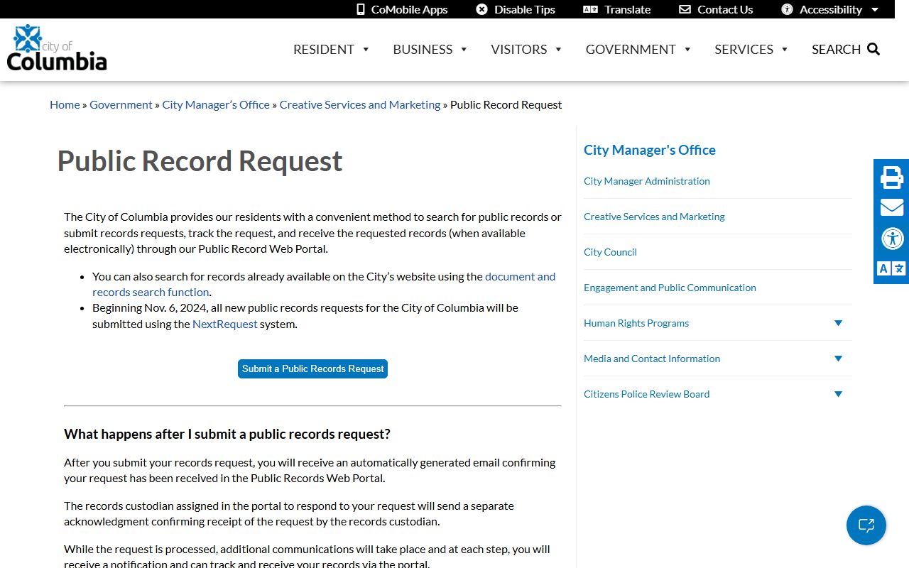Columbia Missouri Police Department criminal records and public records resources