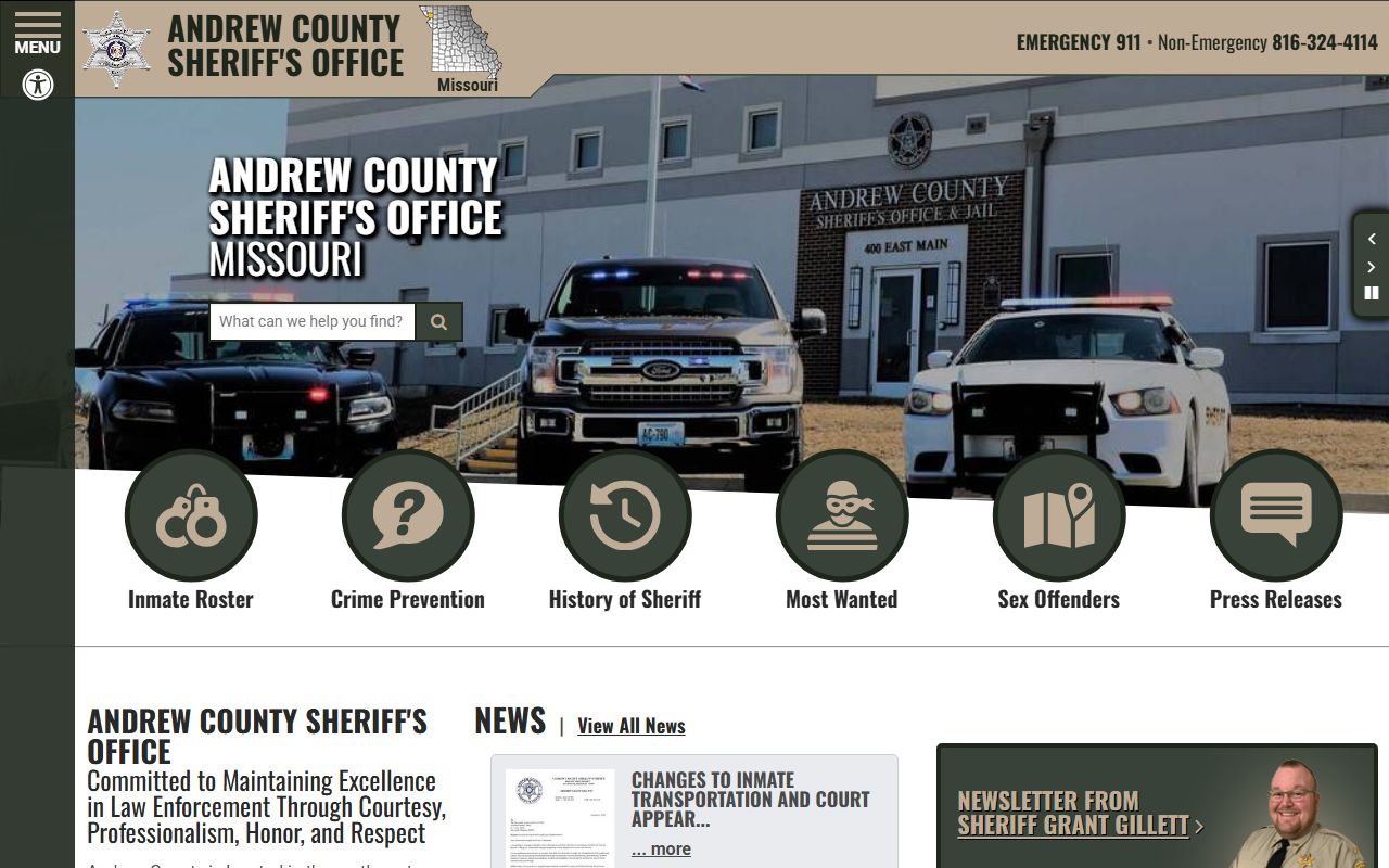 Andrew County Sheriff's Office website showing criminal records and inmate resources